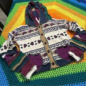 Handmade Upcycle Blue Purple Green Red Heart Cardigan Sweater Elf Fairy Hood